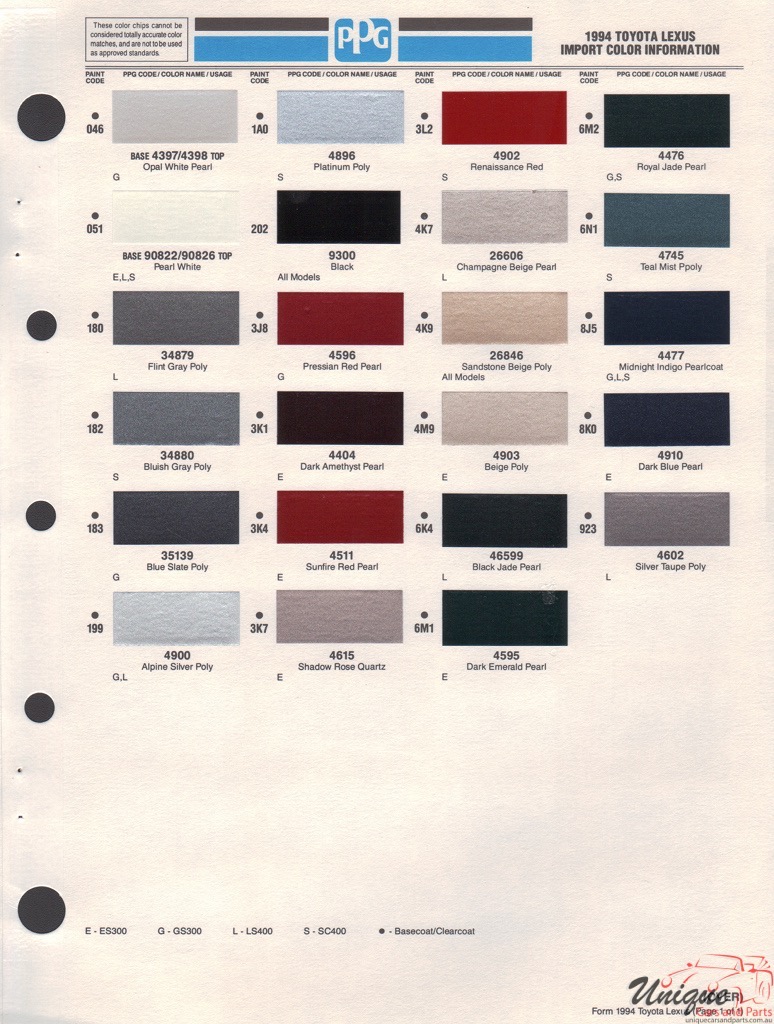 1994 Lexus Paint Charts PPG 1